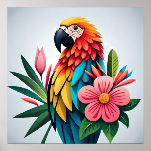 A colourful Parrot Perched on a Bed of Blooms Poster