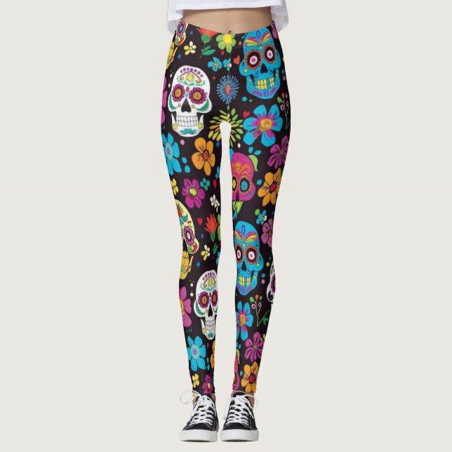A colourful pattern of skulls and flowers Leggings (Front)