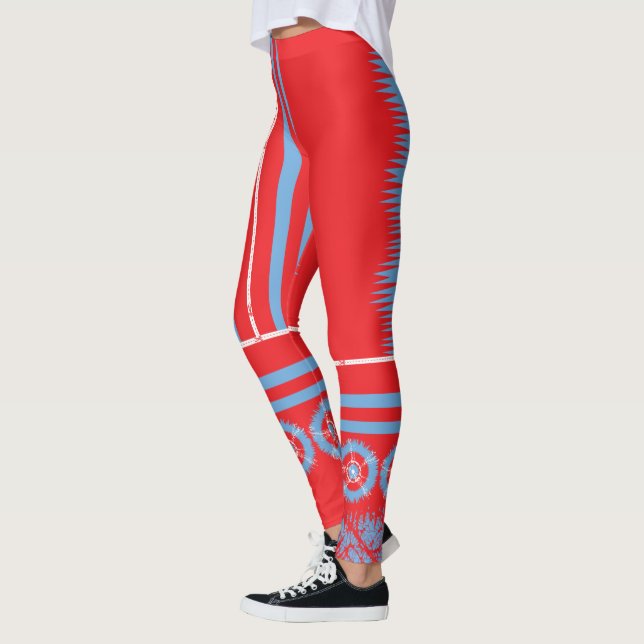 A colourful red and blue pattern encircled by a bl leggings (Left)