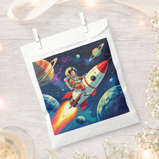 A Comic Book style Boy on a Rocket in Space Favour Bag (Clipped)