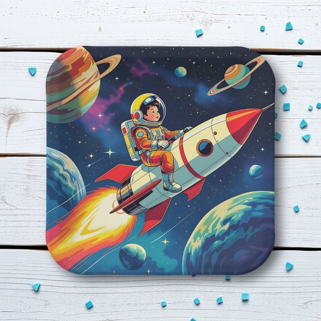 A Comic Book style Boy on a Rocket in Space Paper Plate (Creator Uploaded)