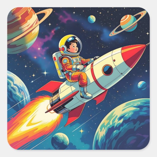 A Comic Book style Boy on a Rocket in Space Square Sticker (Front)