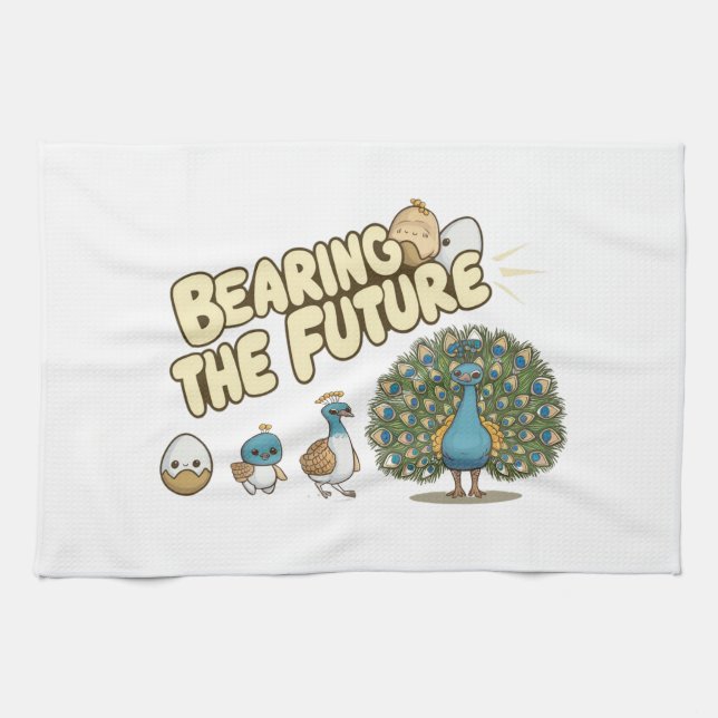 A comical peacock evolution sequence kitchen towel (Horizontal)