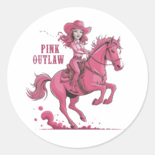 A confident cowgirl riding a spirited horse classic round sticker