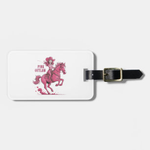 A confident cowgirl riding a spirited horse luggage tag