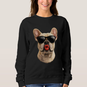 A Cool French Bulldog Blowing a kiss with Bold red Sweatshirt