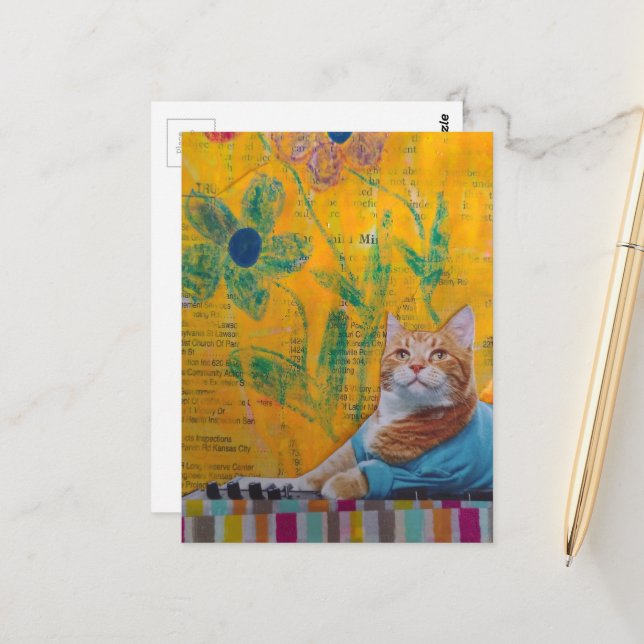 A Cool Ginger Kitty Mixed Media Collage Postcard (Front/Back In Situ)