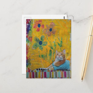 A Cool Ginger Kitty Yellow Floral Mixed Media Postcard