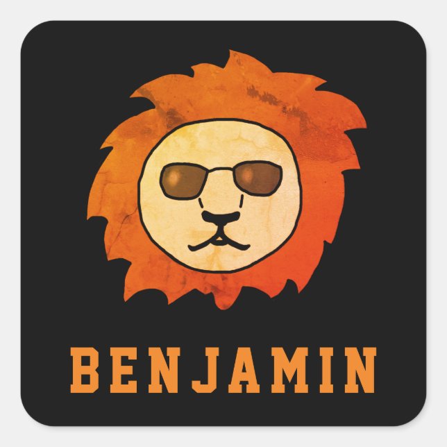 A Cool Lion with Name Black Square Sticker (Front)