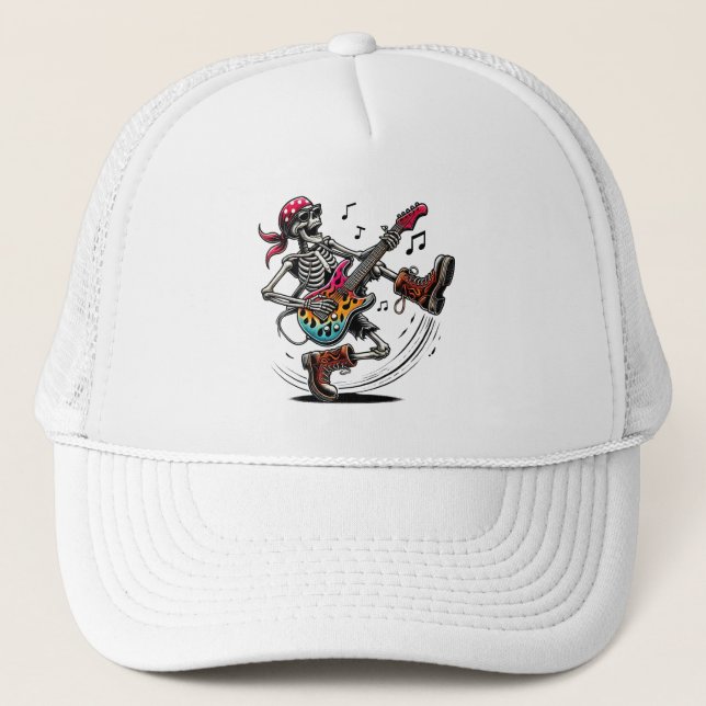 A cool rock star skeleton trucker hat (Front)