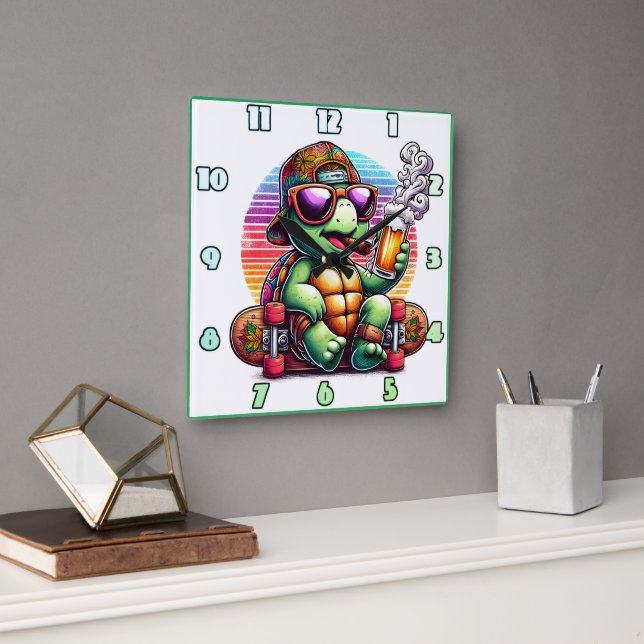 A cool turtle enjoying a drink on a skateboard square wall clock (Office)