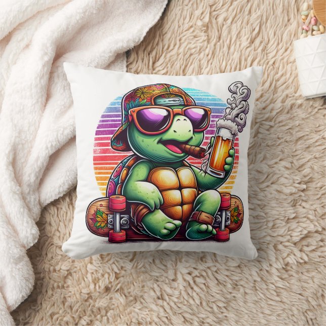 A cool turtle enjoying a drink on a skateboard throw pillow (Blanket)