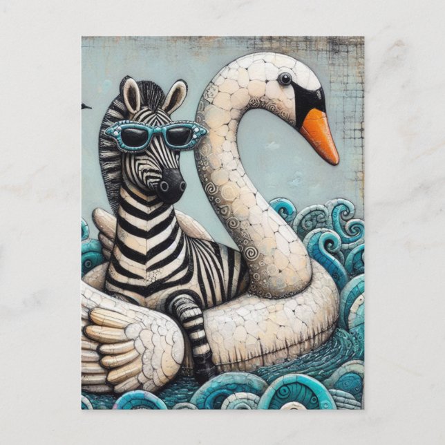 A Cool Zebra Blue Sunglasses on a Floating Swan Postcard (Front)