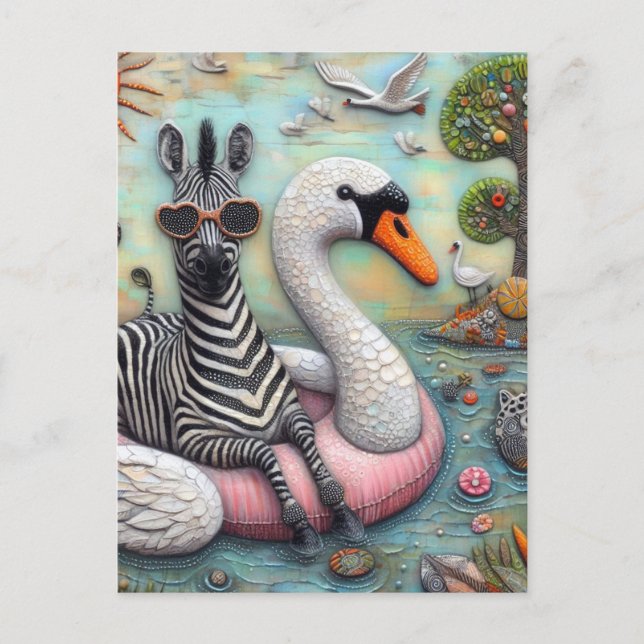 A Cool Zebra on Vacation in a Floating Swan Postcard (Front)