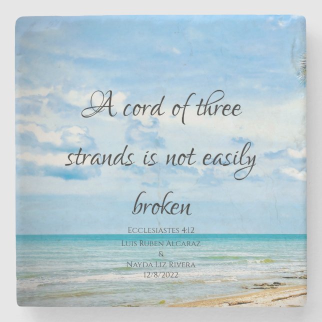 A Cord of Three Strands Beach Ocean Blue Stone Coaster (Front)