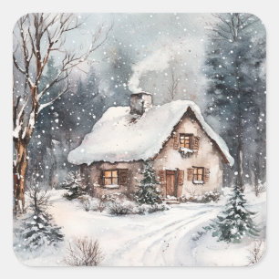 A Cosy Cottage in winter Square Sticker