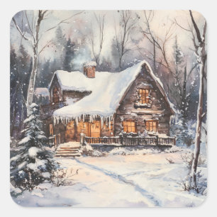 A Cosy Cottage in winter Square Sticker