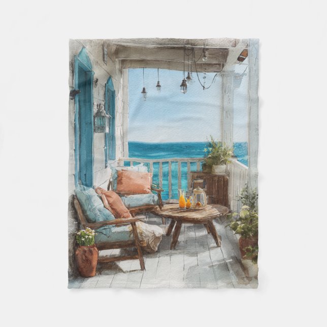 A Cosy Seaside Balcony Fleece Blanket (Front)