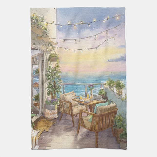 A Cosy Seaside Balcony Kitchen Towel (Vertical)