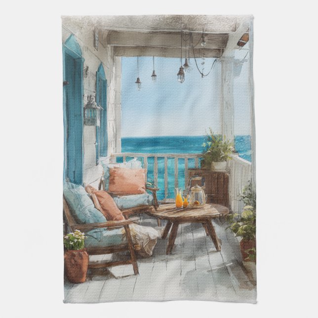 A Cosy Seaside Balcony Kitchen Towel (Vertical)