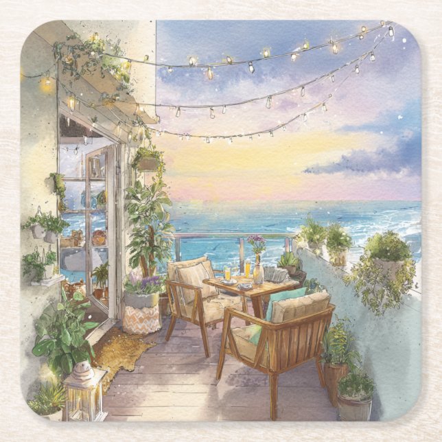 A Cosy Seaside Balcony Square Paper Coaster (Front)
