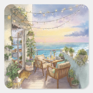 A Cosy Seaside Balcony Square Sticker