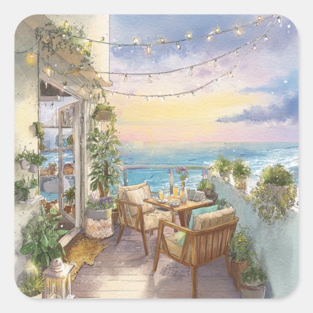 A Cosy Seaside Balcony Square Sticker (Front)