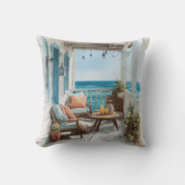 A Cosy Seaside Balcony Throw Pillow (Front)