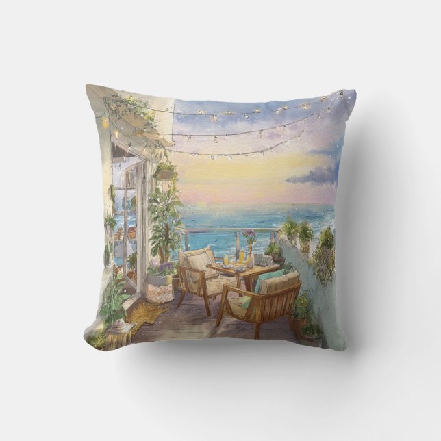 A Cosy Seaside Balcony Throw Pillow (Front)