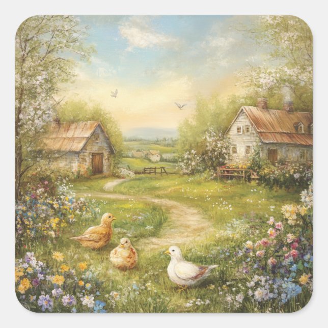 A Country Farmhouse and Barn Square Sticker (Front)