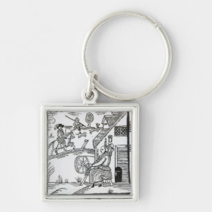 A Country Scene with a woman spinning Keychain