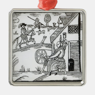 A Country Scene with a woman spinning Metal Ornament