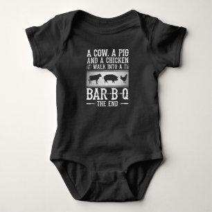 a cow, a pig and a chicken walk into a bar b q baby bodysuit