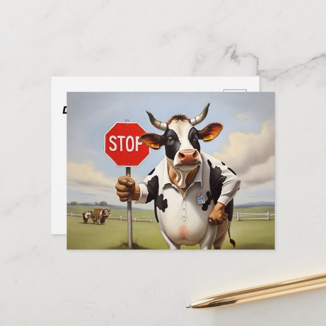 A cow holding a stop sign postcard (Front/Back In Situ)
