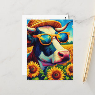 A Cow in Sunglasses in a Sunflower Field Postcard