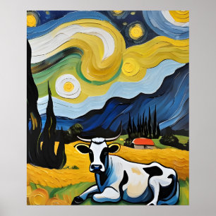 A Cow in The Starry Night Poster