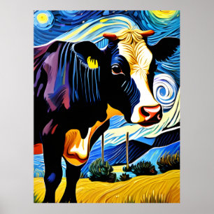 A Cow in The Starry Night Poster