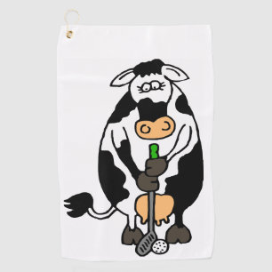 A cow playing golf towel