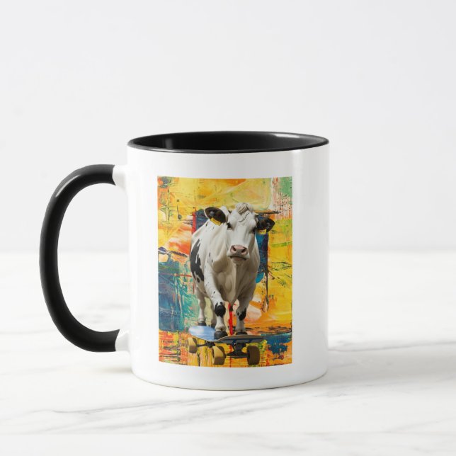 A Cow Skating Against a Painting Background Mug (Left)