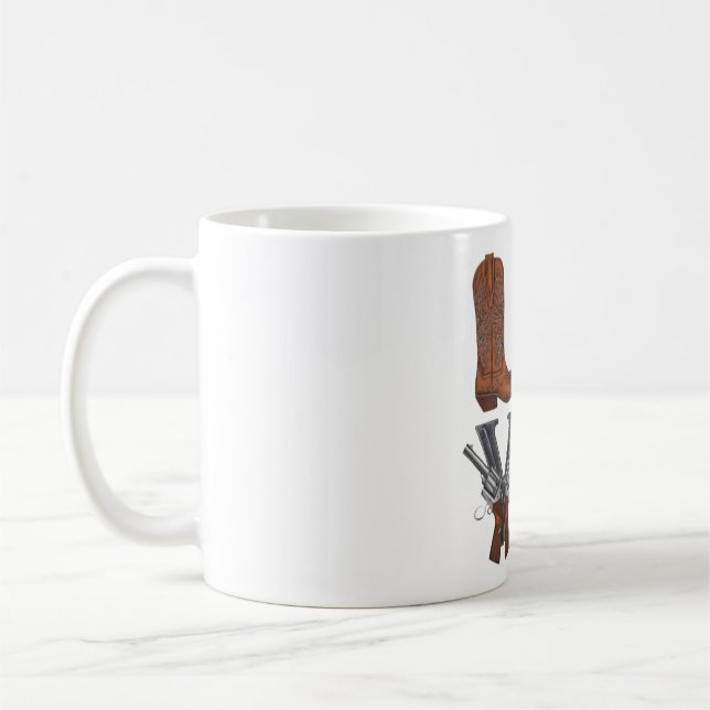 A cowboy boot coffee mug (Left)