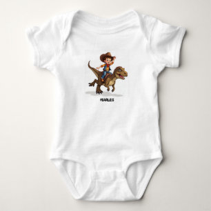 A cowboy riding a T-rex dinosaur baby bodysuit