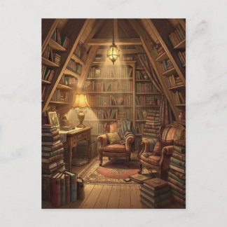 A cozy, Book-Filled Attic Room Bathed in Warm Glow Postcard