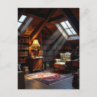 A Cozy Book-filled Attic Room Bathed in warm Glow Postcard
