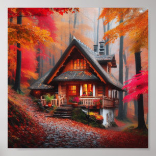 A cozy cabin with beautiful Autumn leaves Poster