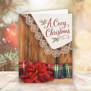 A Cozy Christmas Rustic Red Poinsettia Flower Holiday Card