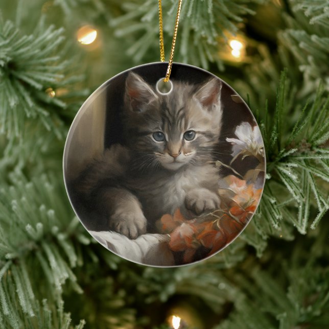 A Cozy Corner Tabby Kitten Ceramic Ornament (Tree)