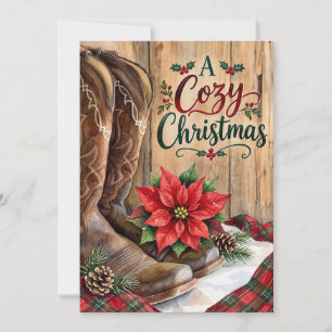 A Cozy Country Christmas Western Boots Poinsettia Holiday Card