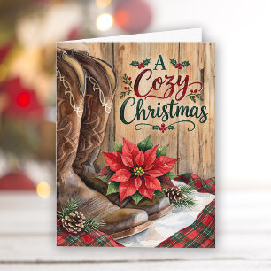 A Cozy Country Christmas Western Boots Poinsettia Holiday Card