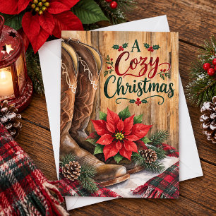 A Cozy Country Christmas Western Boots Poinsettia Holiday Card