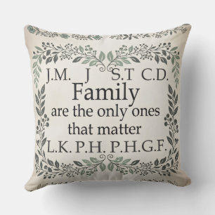 A cozy farmhouse-style family name chart cushion